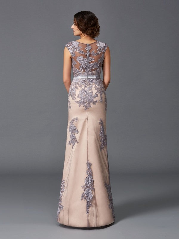 Sheath Satin Straps Sleeveless Floor-Length With Applique Dresses
